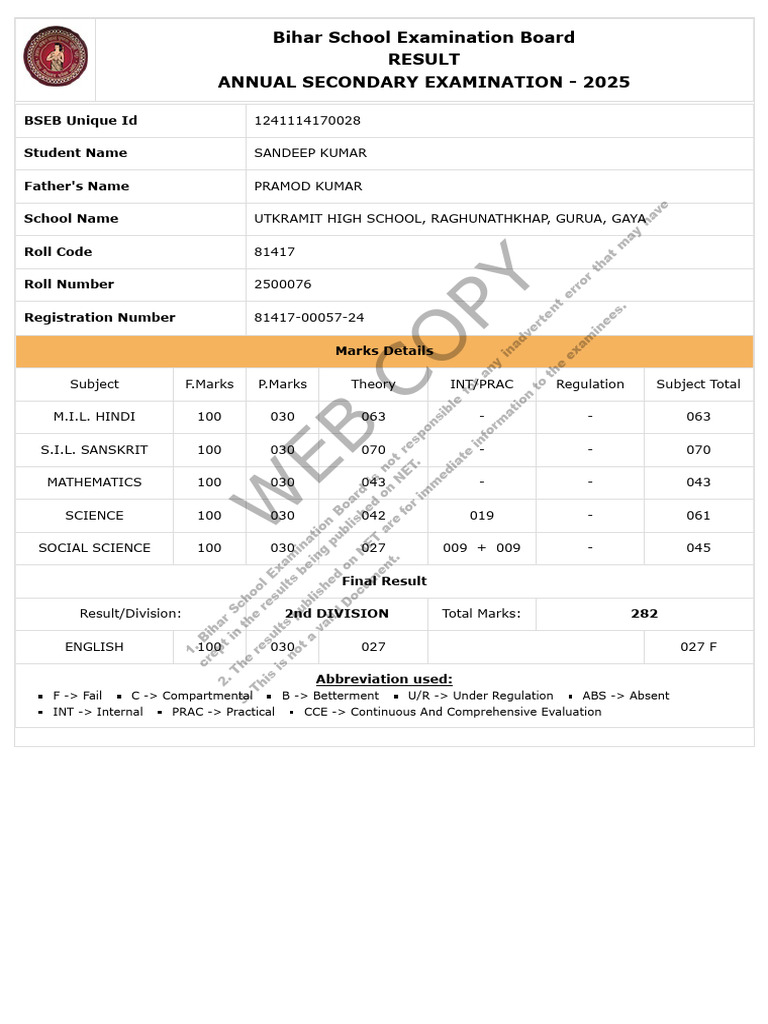 Secondary Annual Result 2025 | PDF | Secondary Education | Student ...