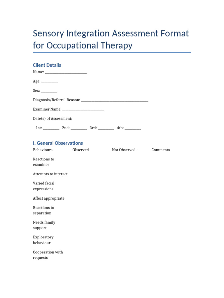 Sensory Integration Assessment Tool | PDF | Sensory Processing Disorder ...