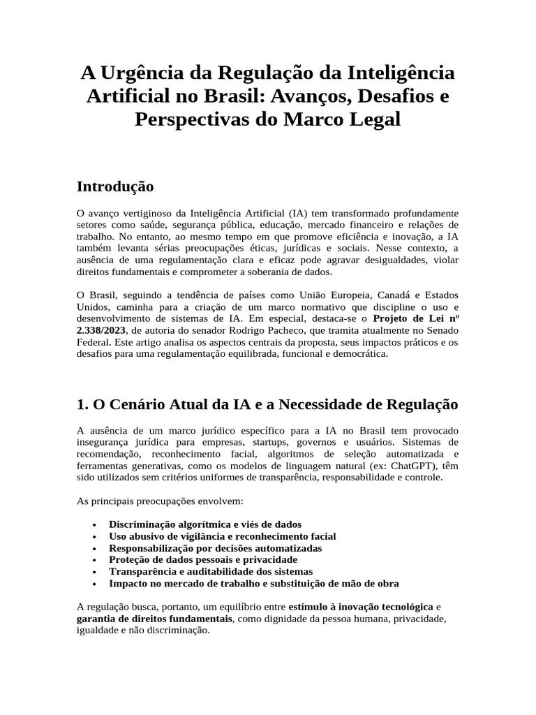 A Urgência Da Regulação Da Inteligência Artificial No Brasil | PDF ...