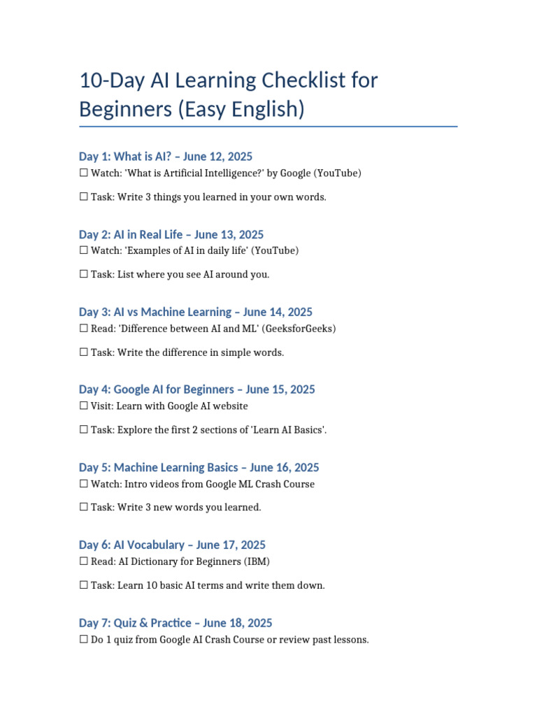 10-Day AI Learning Checklist for Beginners | PDF