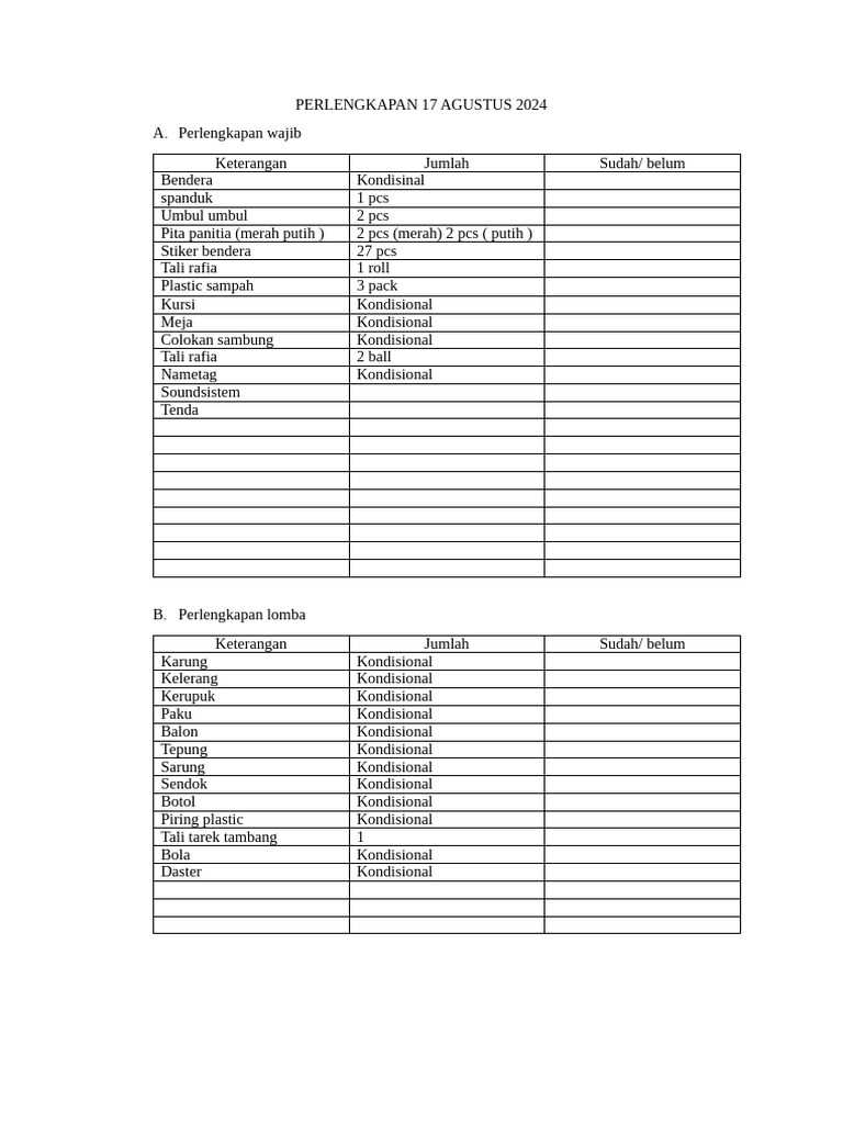 Perlengkapan Lomba 17 Agustus 2024 | PDF