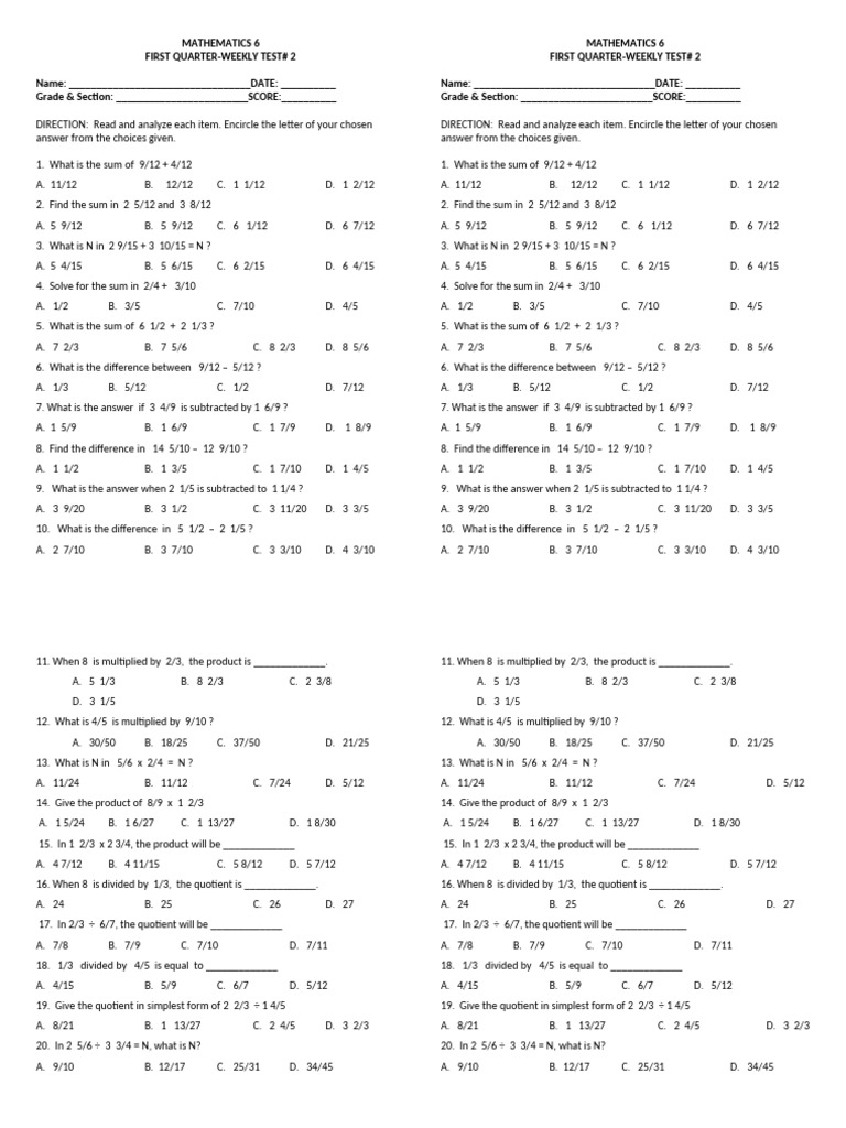 Weekly Test q1 Week 3 Mathematics 6 | PDF | Chess Theory | Chess