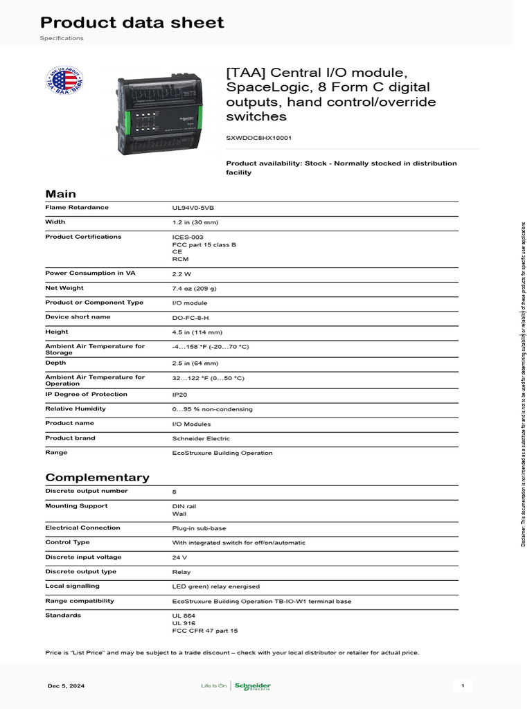 Schneider Electric - SpaceLogic-Central-I-O-Module - SXWDOC8HX10001 | PDF