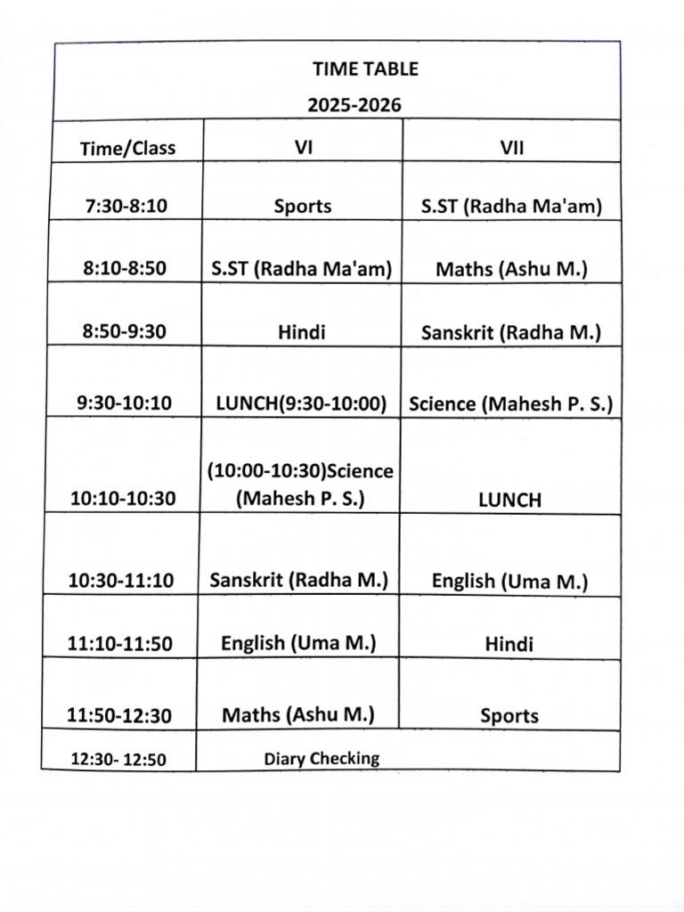 6 and 7 Class Time Table | PDF