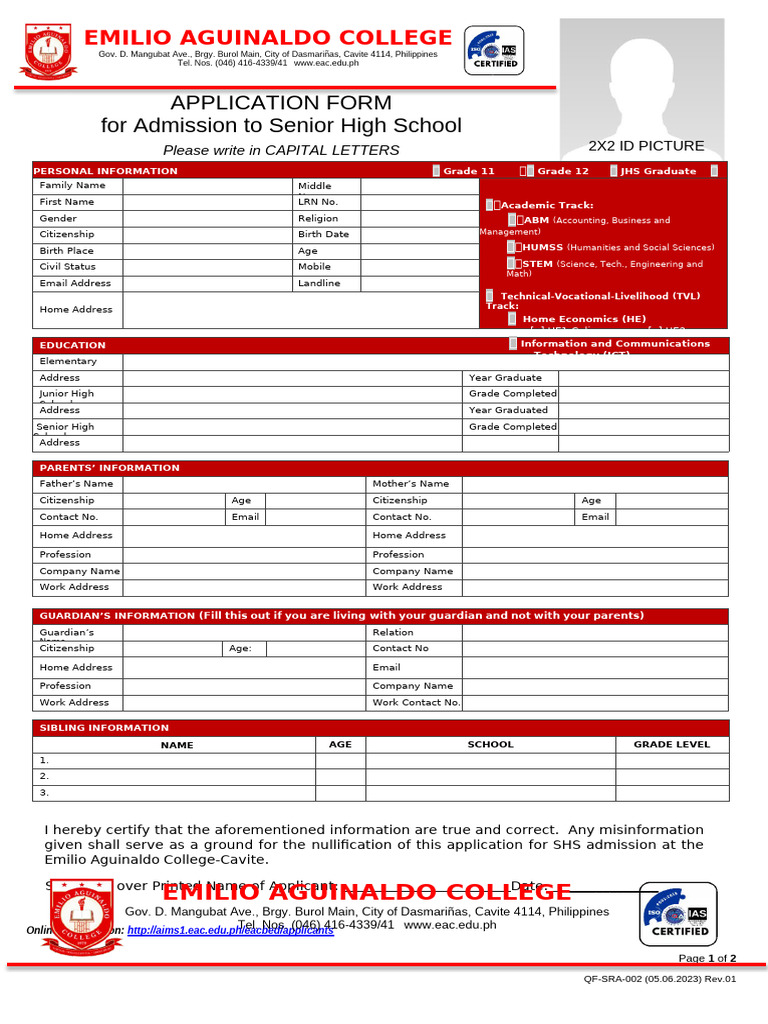 Senior High School Admission Form | PDF