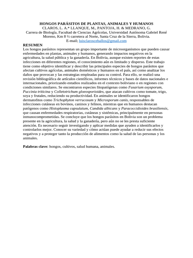 Hongos Parásitos de Plantas, Animales y Humanos | PDF