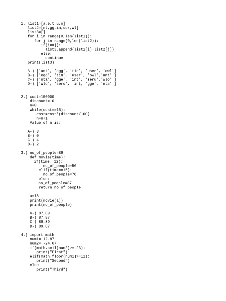 Python Coding Quiz Questions | PDF | Computer Programming | Software ...
