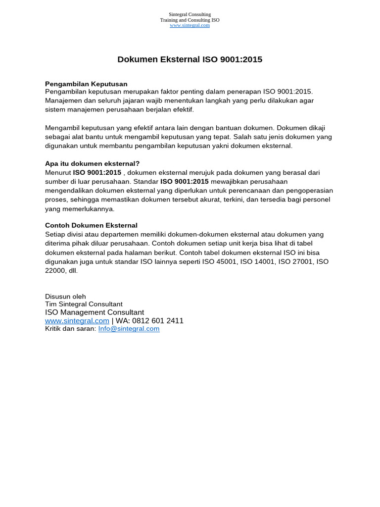 Contoh Dokumen Eksternal ISO 9001 | PDF