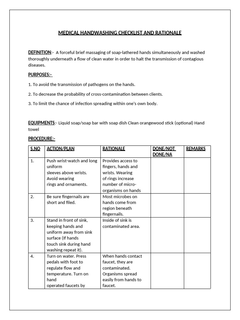 Medical Handwashing Checklist Guide | PDF | Hand Washing | Microbiology