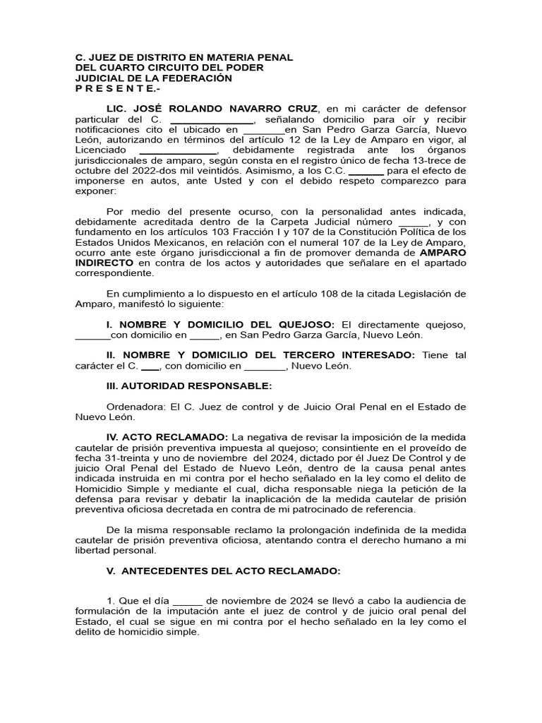 Demanda de Amparo Indirecto por Prisión Preventiva | PDF | Caso de ley ...