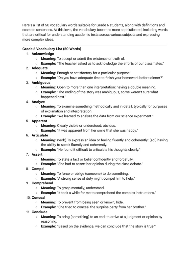 Grade 6 Vocabulary Words with Definitions | PDF | Vocabulary | Word