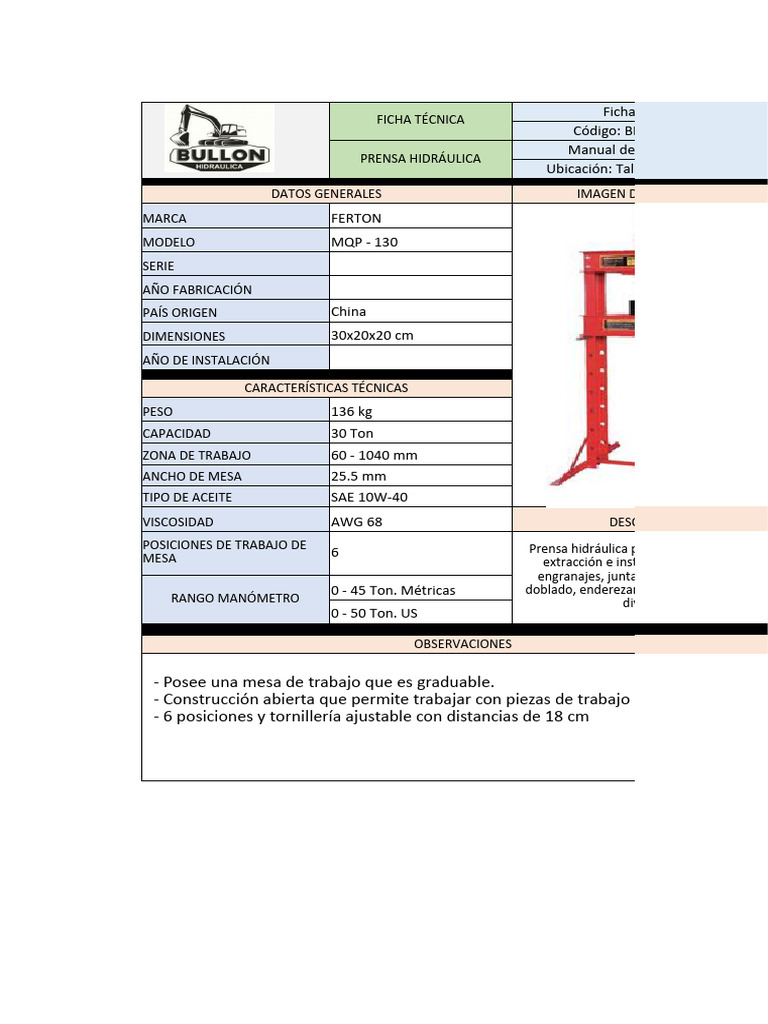 Prensa Hidráulica FERTON MQP-130 30 Ton | PDF