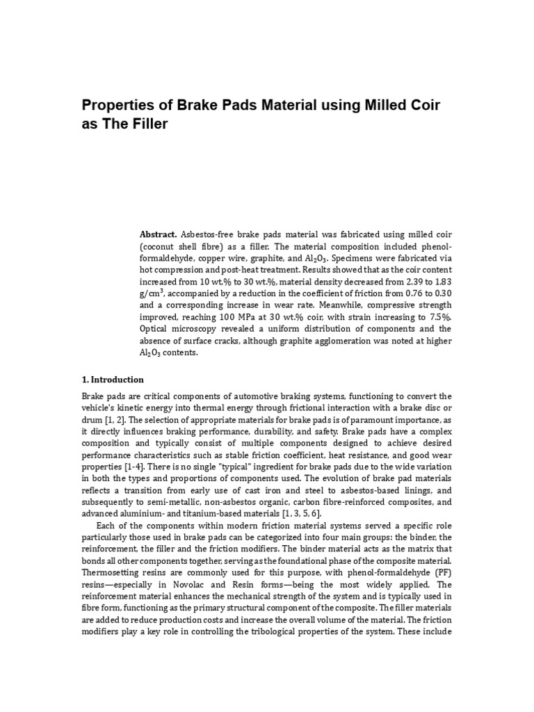Properties of Brake Pads Material Using Milled Coir As The Filler | PDF ...