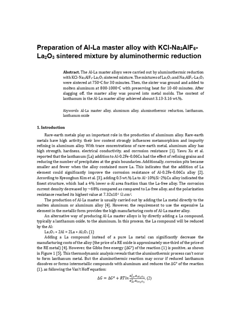 Preparation of Al-La Master Alloy With Kcl-Na Alf - La O Sintered ...