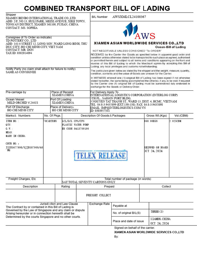 Awsxmlcl24100367.Tlx - Bill | PDF | Cargo | Bill Of Lading
