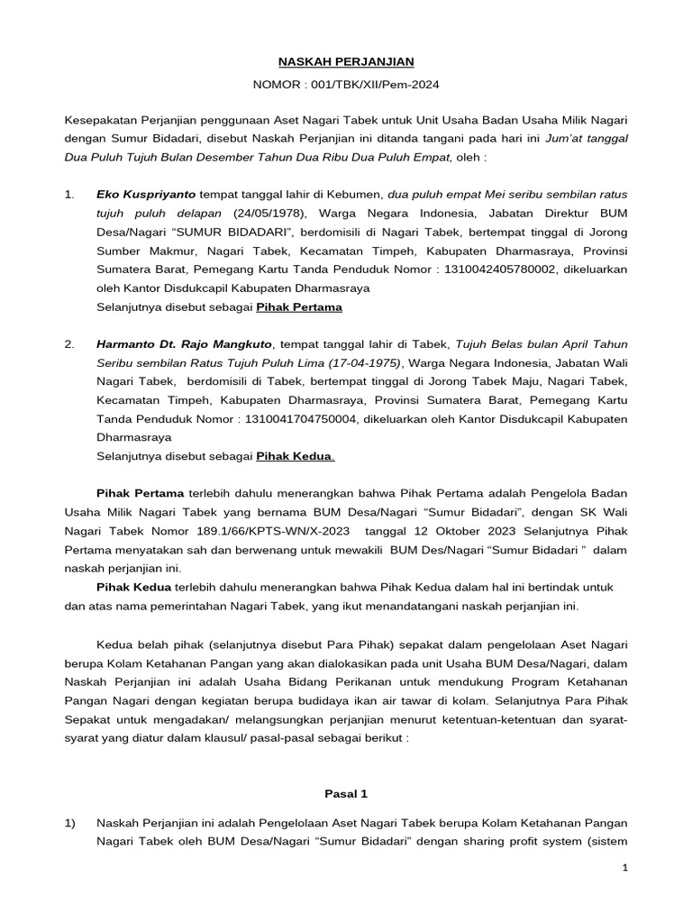 Perjanjian Pengelolaan Aset Nagari Tabek | PDF
