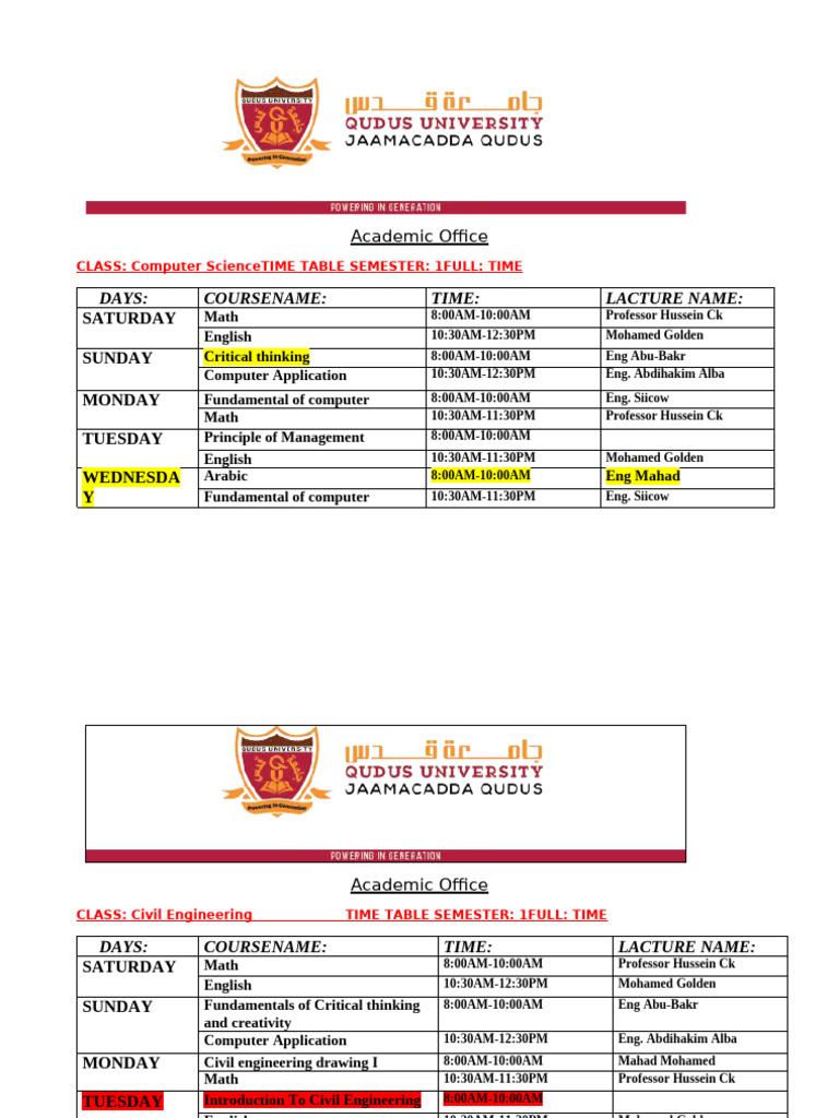 Semester 1 Class Timetable | PDF | Science