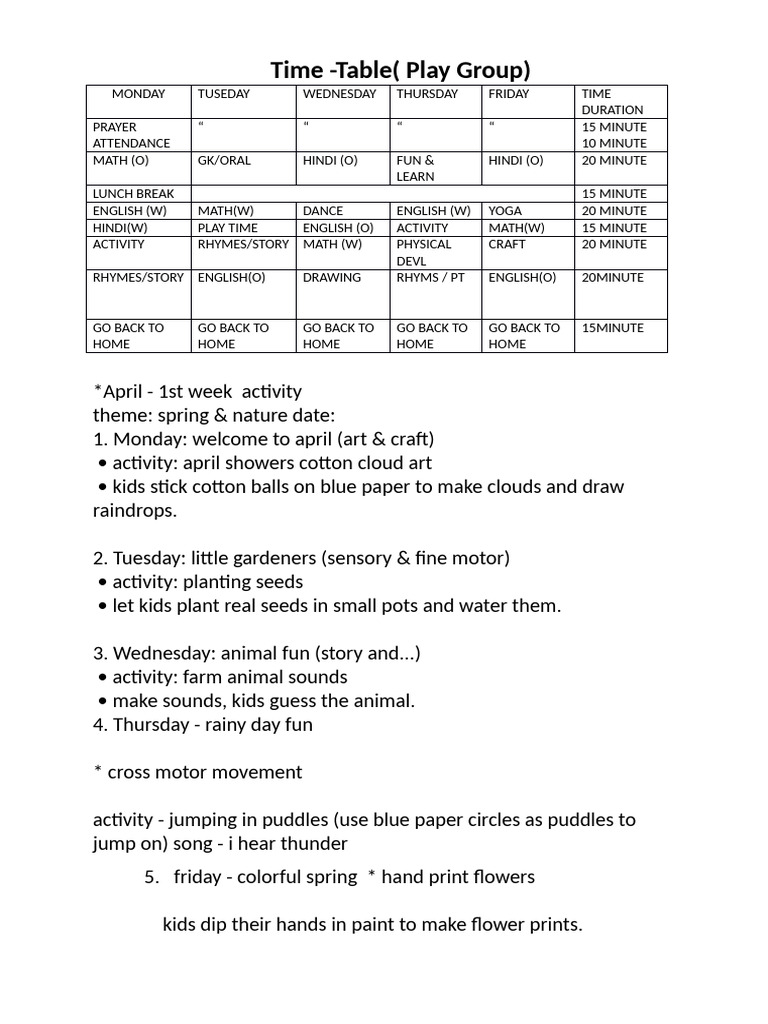 Time Table For Play Group | PDF