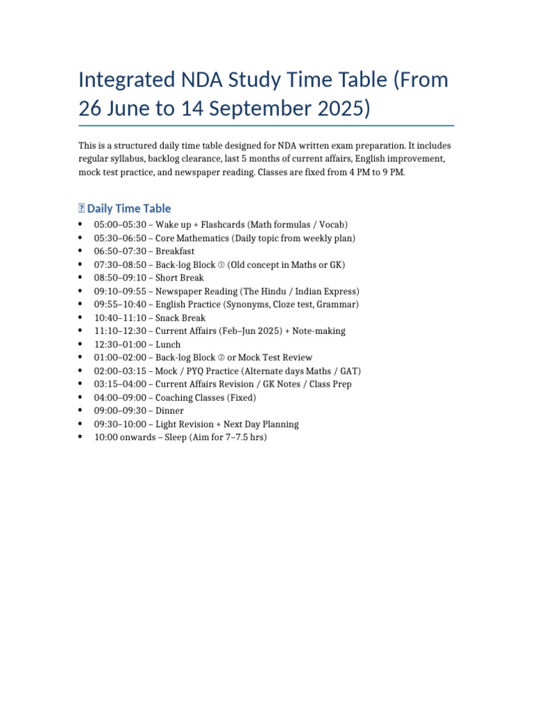 NDA Study Time Table 2025 | PDF