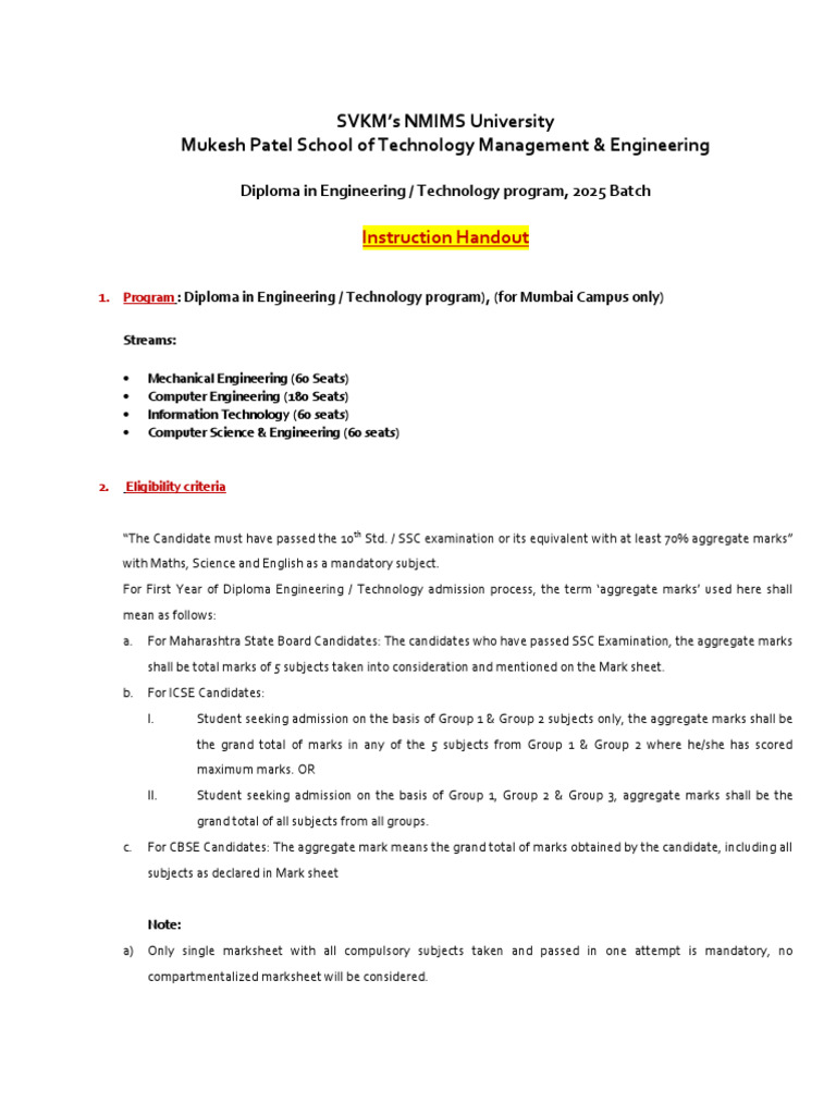 NMIMS Diploma Engineering Admission 2025 | PDF | University And College ...