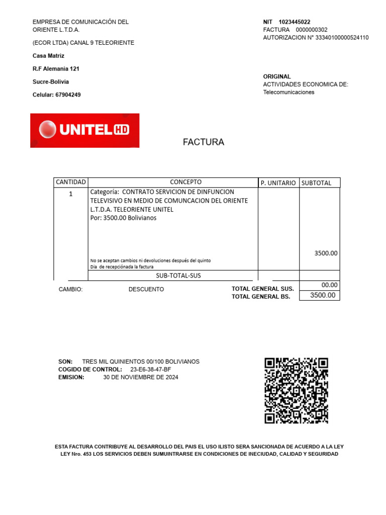 Contrato de Servicio Televisivo ECOR LTDA | PDF