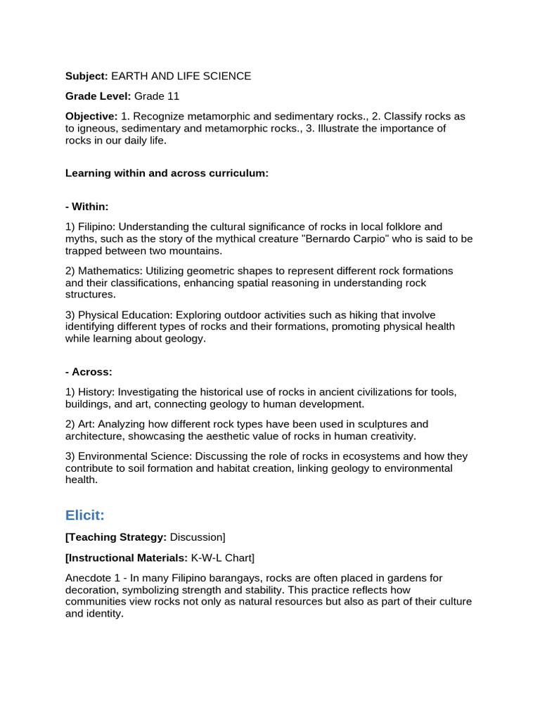 Lesson - Plan - Earth and Life Science | PDF | Rock (Geology) | Geology