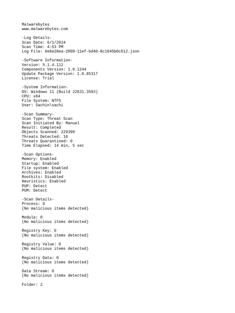 Malwarebytes Scan Report 2024-06-01 112355 | PDF | Windows Registry ...