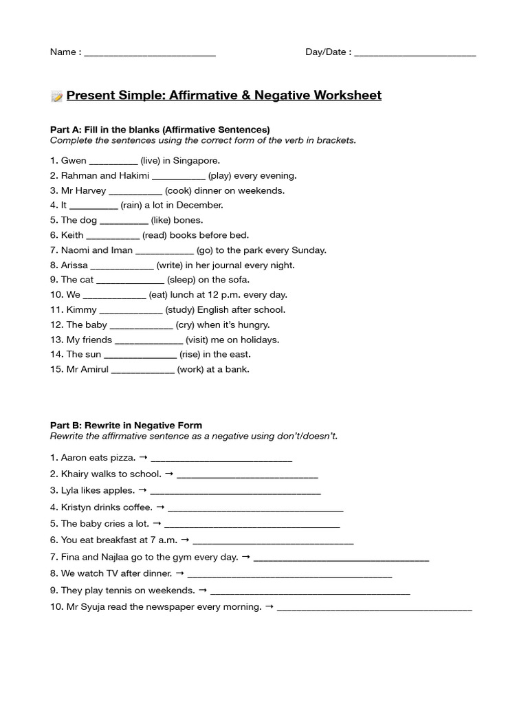 Present Simple Affirmative And Negative Online Worksheet