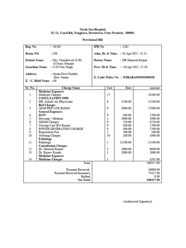 Provisional Bill for Mrs. Chandravati | PDF | Medicine | Social Programs