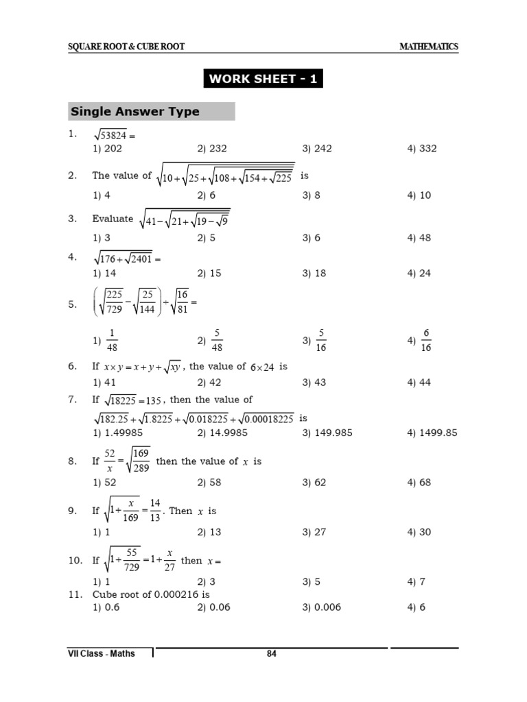 Single Answer Type: Work Sheet - 1 | PDF | Numbers | Elementary Mathematics