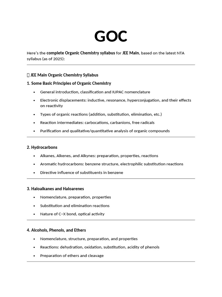 JEE Main 2025 Organic Chemistry Syllabus | PDF | Chemical Reactions ...