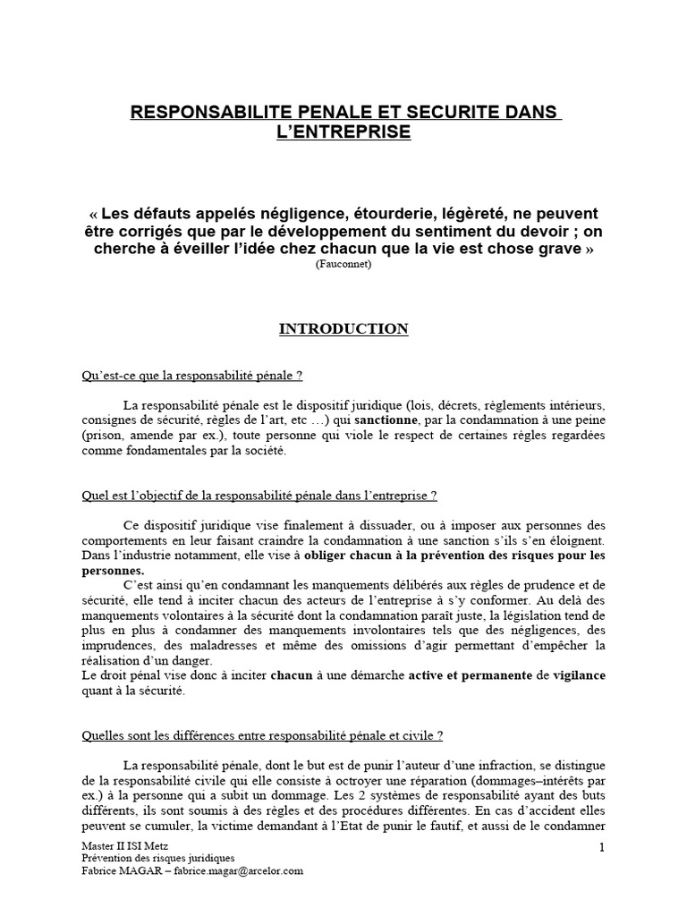 Responsabilité pénale en entreprise | PDF | Sécurité | Loi criminelle
