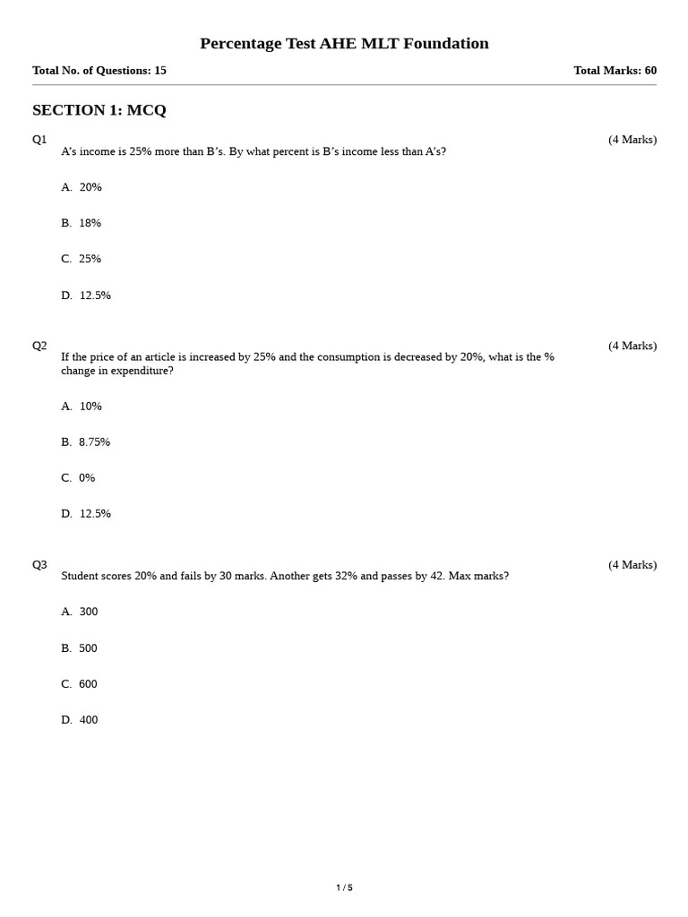Percentage Mock Test Questions | PDF | Economies
