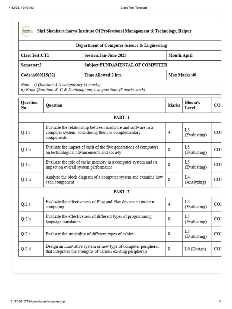 Computer Fundamentals Class Test 2025 | PDF | Electronics | Computer ...