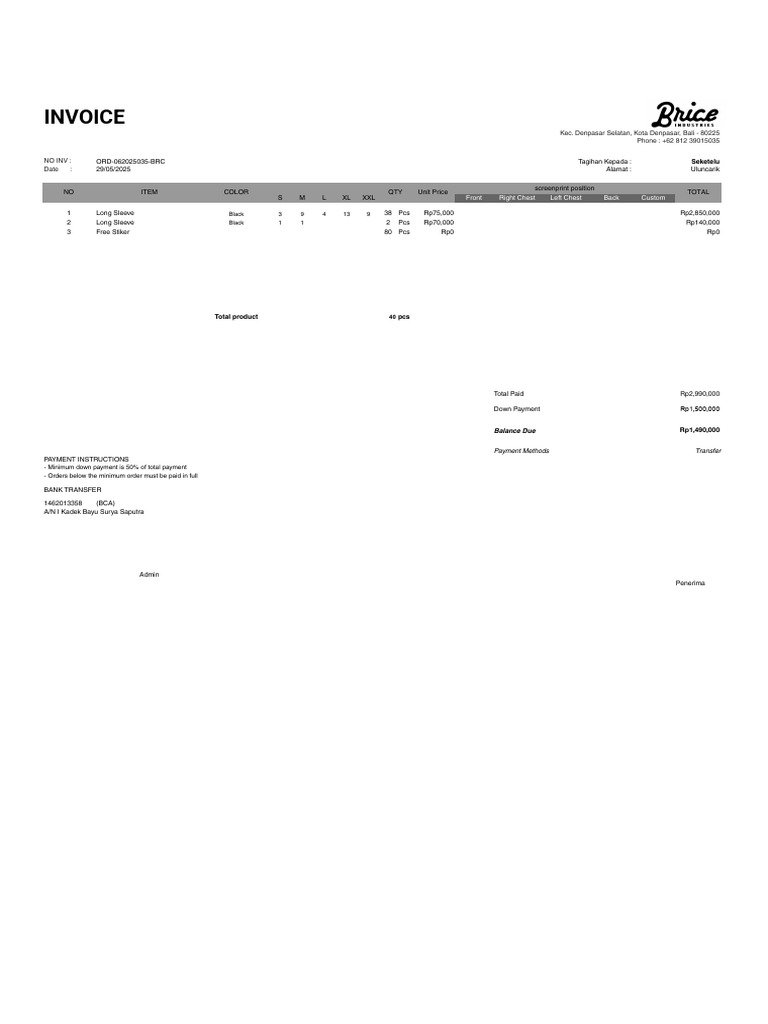 ULC 801 Invoice for Custom Apparel | PDF | Money | Payments