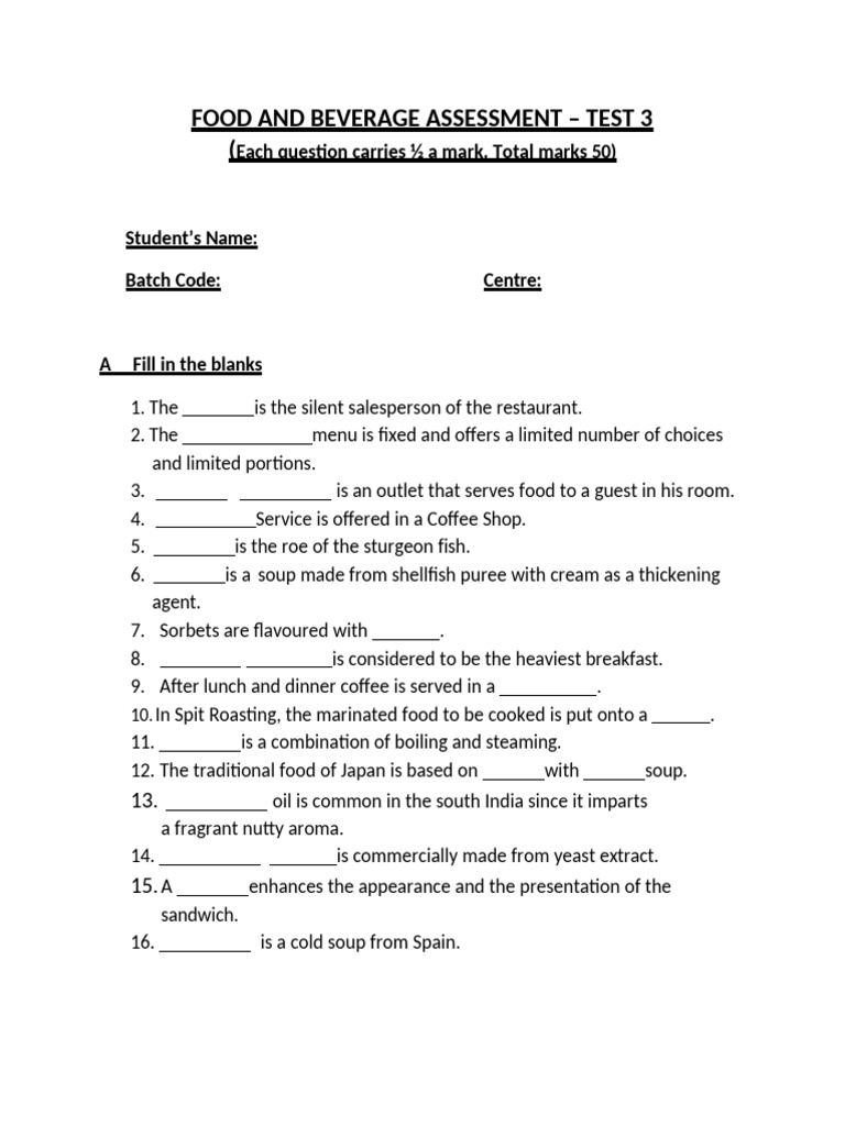 Food and Beverage Assessment Test | PDF | Sauce | Restaurants