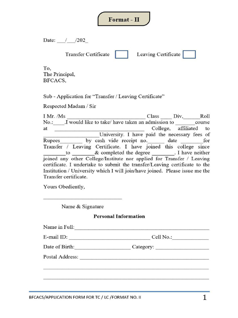 Format 2 Application For Transfer Leaving Certificate | PDF