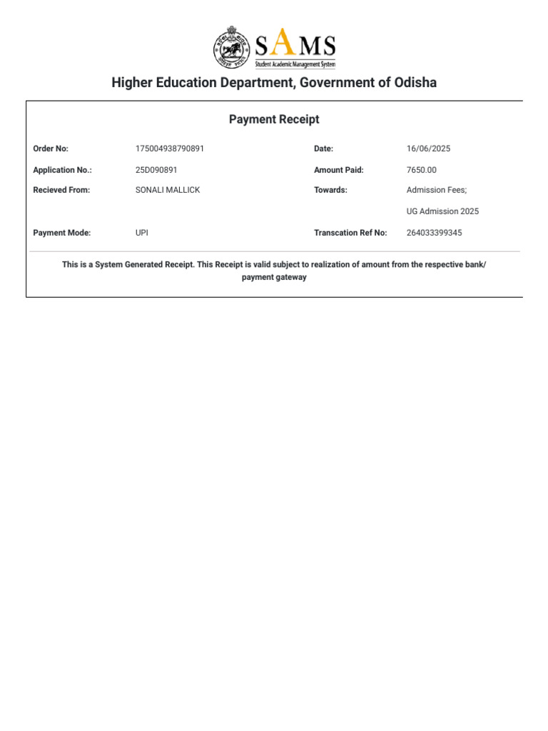 UPI Payment Receipt for UG Admission 2025 | PDF