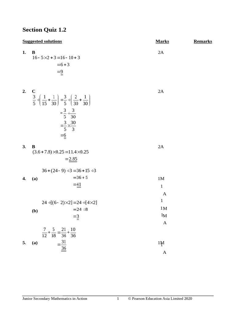 Junior Secondary Math Quiz Solutions | PDF