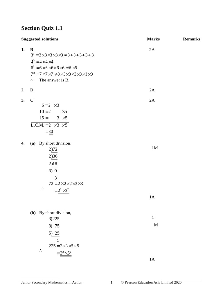 Junior Secondary Math Quiz Solutions | PDF