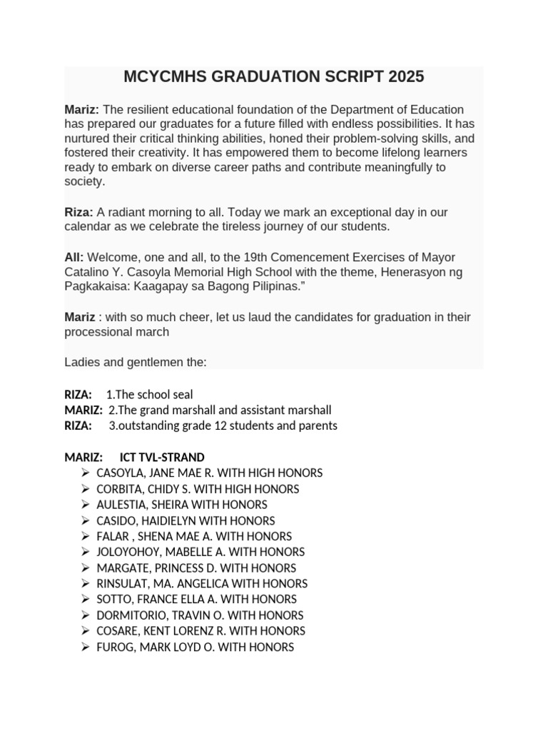 MCYCMHS Graduation Script 2025 | PDF