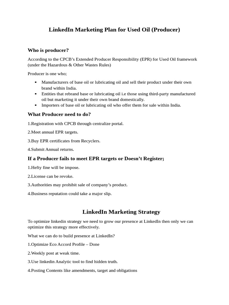 LinkedIn Marketing Plan For Used Oil Producers | PDF
