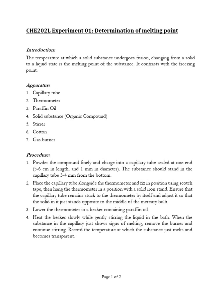 CHE202L Melting Point Determination | PDF | Melting Point | Thermometer