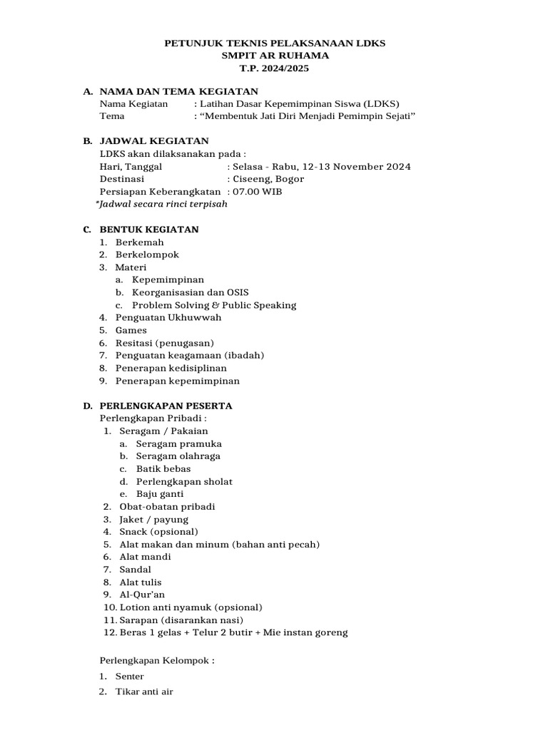 Petunjuk Teknis LDKS SMPIT Ar Ruhama | PDF