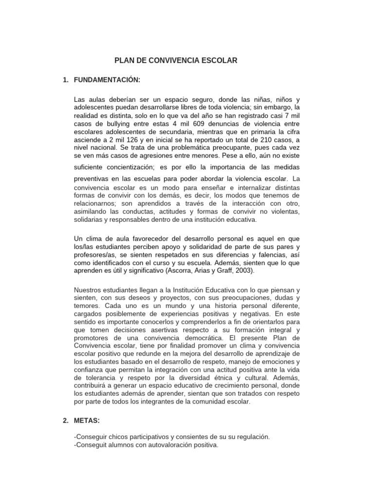 Plan de Convivencia Escolar Positiva | PDF | Las emociones | Experiencia