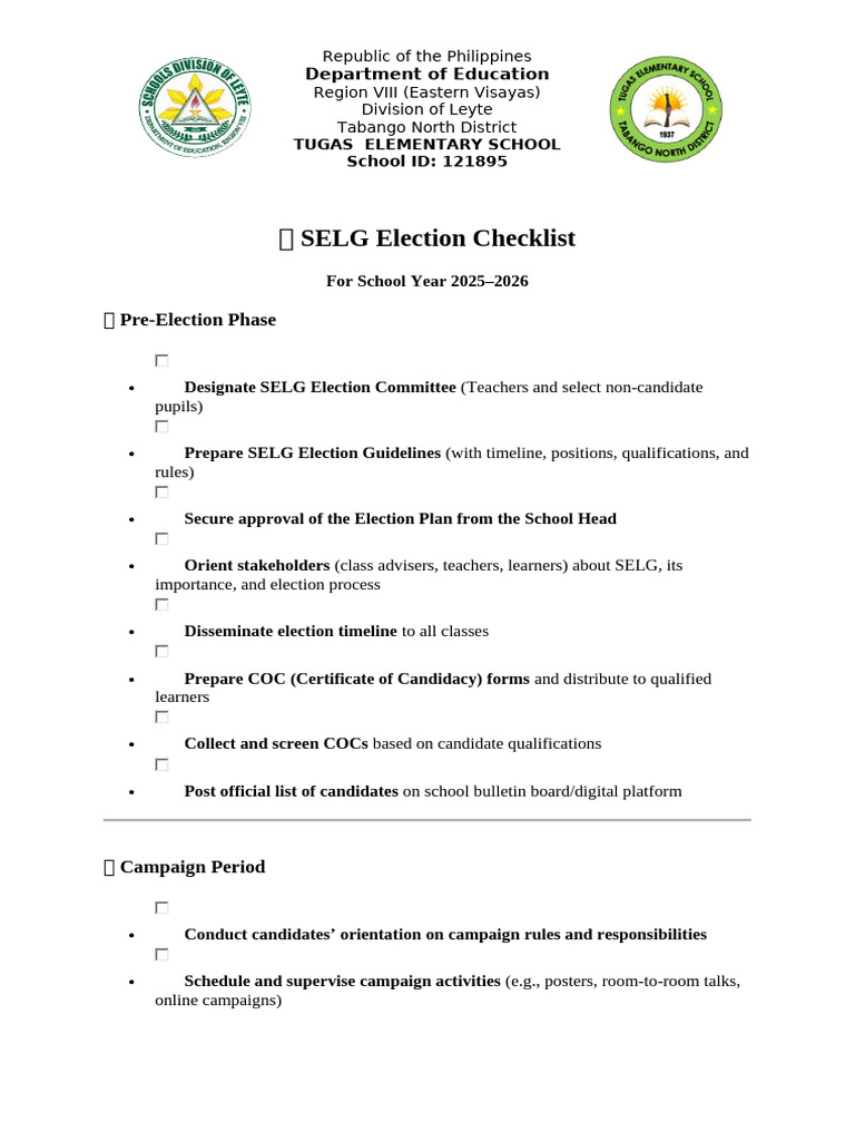 SELG Election Checklist for 2025-2026 | PDF | Voting | Elections