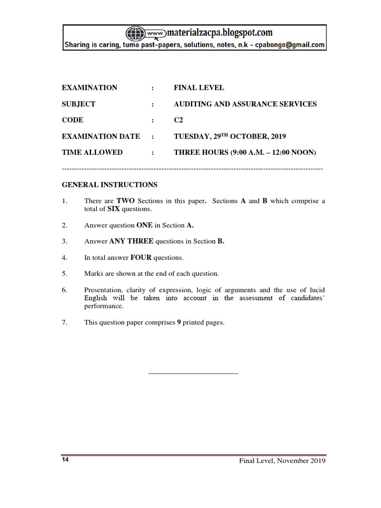 Auditing and Assurance Services Exam 2019 | PDF | Audit | Internal Control