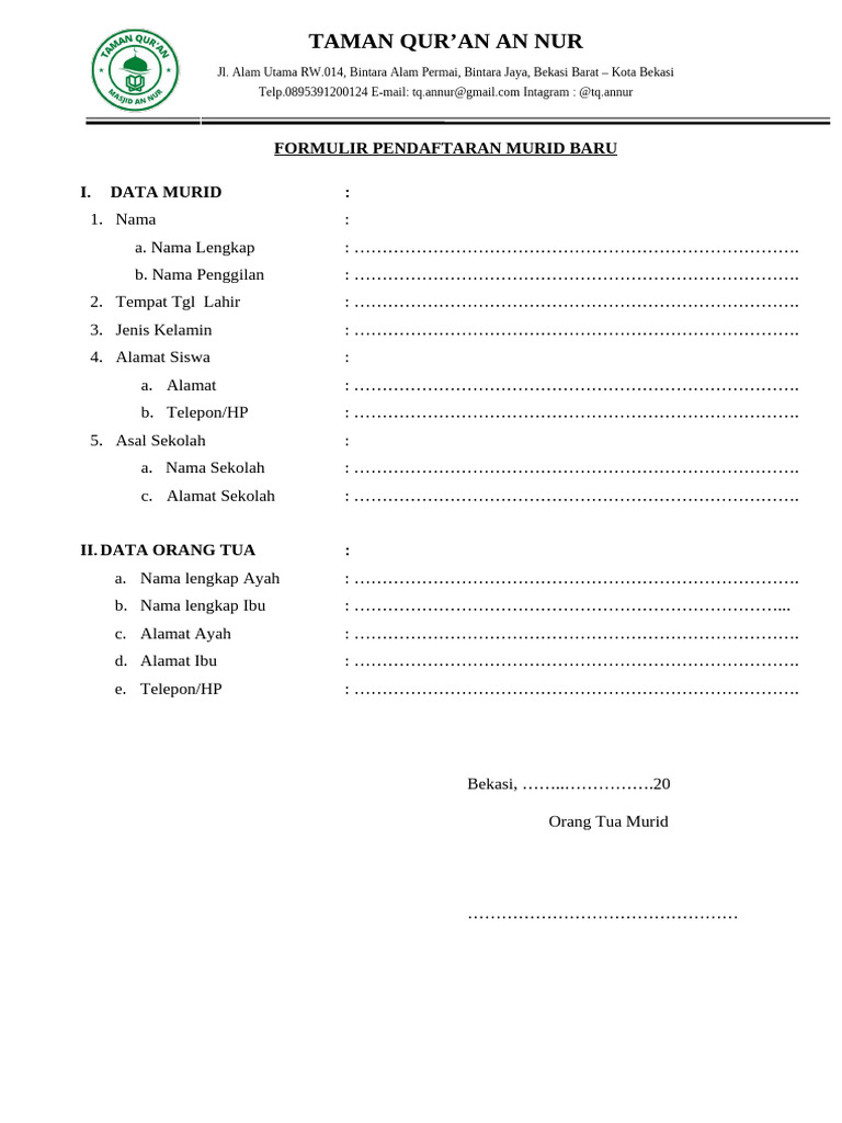 Form Pendaftaran TQ An Nur | PDF