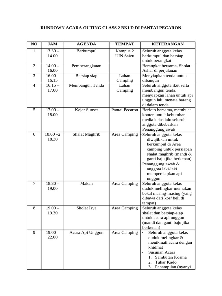 Rundown Acara Camping Kelas 2 BKI D | PDF