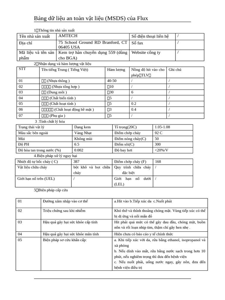 MSDS Bảng Dữ Liệu an Toàn Vật Liệu (MSDS) Của Flux 559 | PDF
